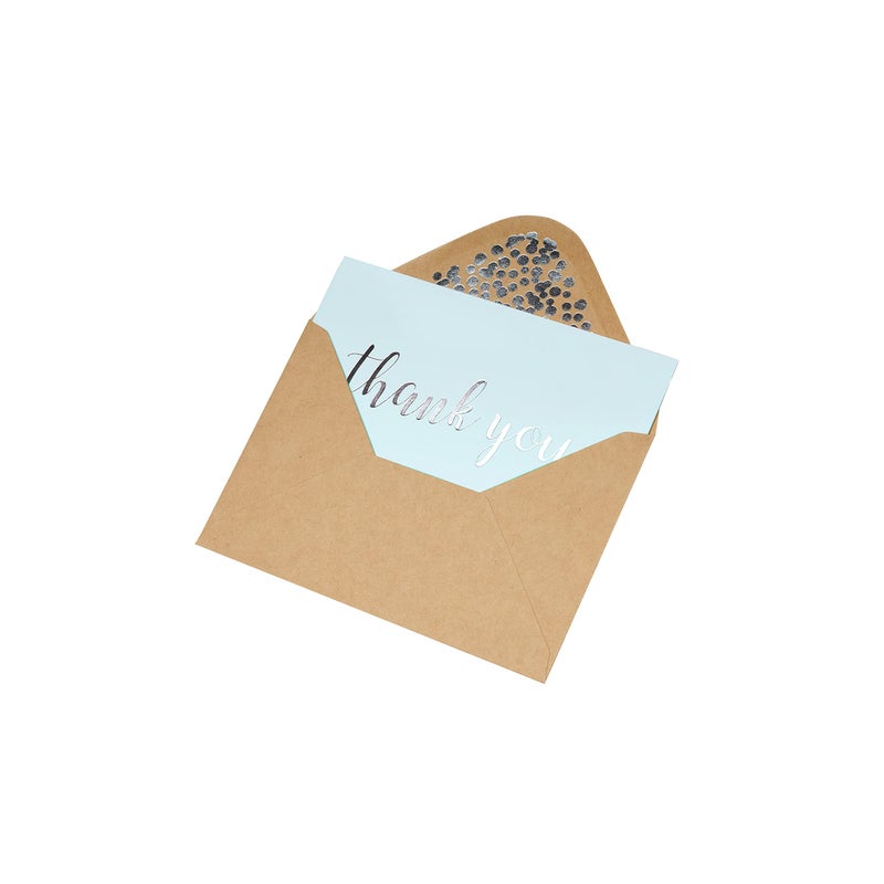 CHRIZ.Z Thank You Cards - Blank 50 Pack Baby Blue Matte Finish Cards with Silver Foiled "Thank You" Printed with 52 Confetti Design Kraft Envelopes 4" x 6" - for Bridal Shower Baby Shower Birthday Party - Image 5